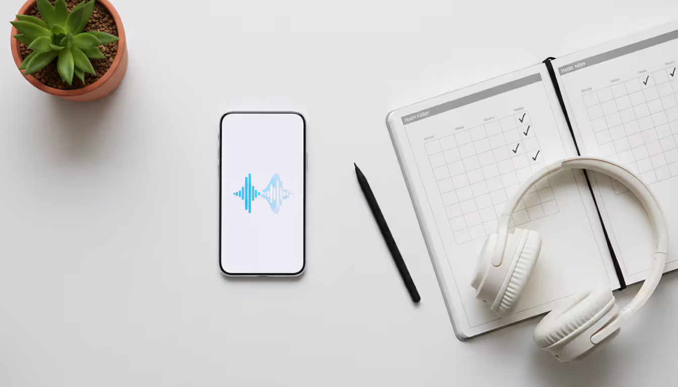 Top view of a minimalist desk with a smartphone showing a sound wave meditation app screen a habit tracker notebook with checkmarks headphones and a small plant