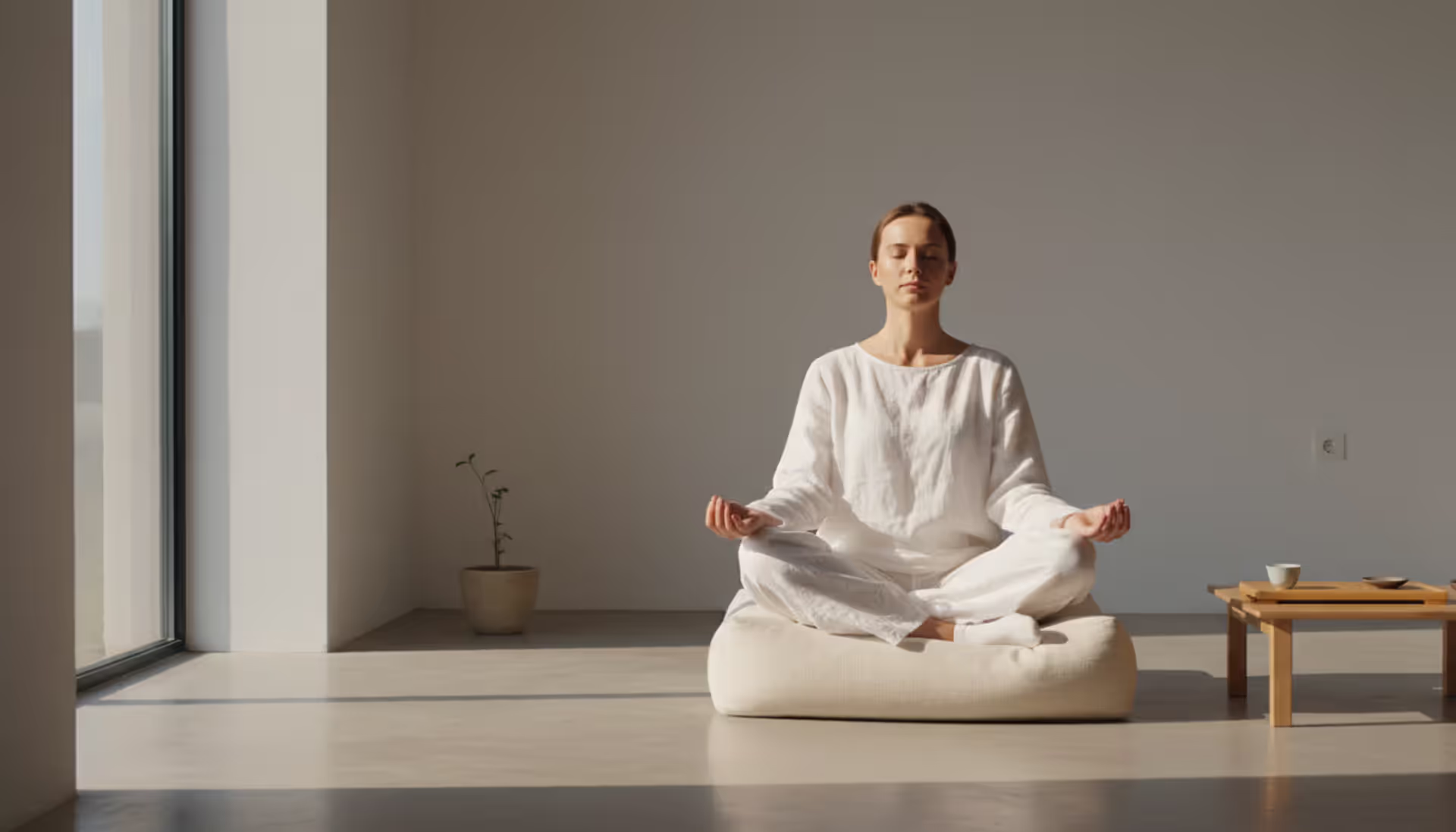 A person sitting cross-legged on a cushion in a minimalist bright room meditating with eyes closed in soft morning sunlight
