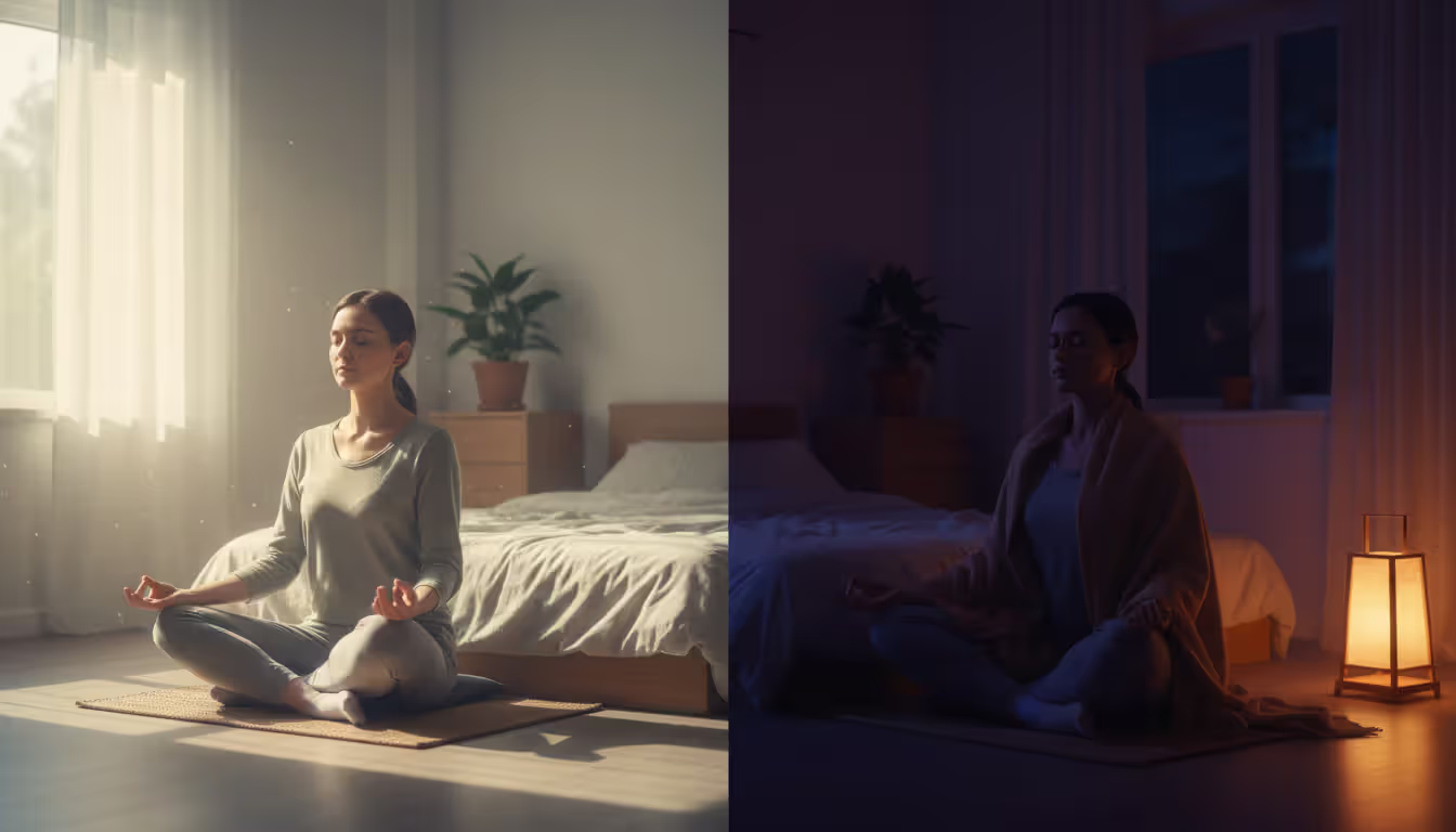 Split-screen comparison showing a person meditating in the morning with bright natural light on the left and the same person meditating in the evening with dim warm lamp light on the right