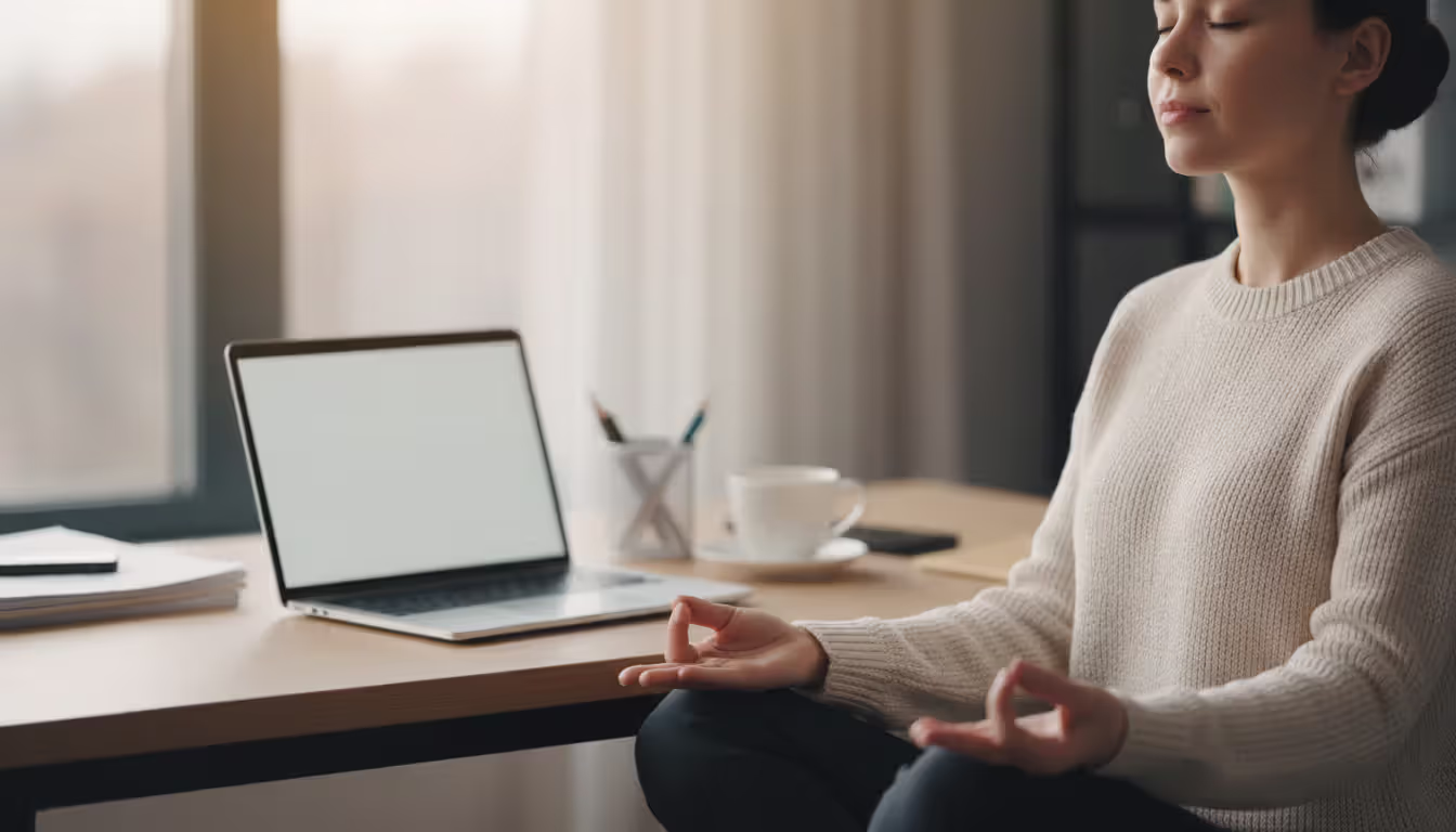 Woman sitting at an office desk with eyes closed and hands resting on her lap taking a brief meditation break during the workday
