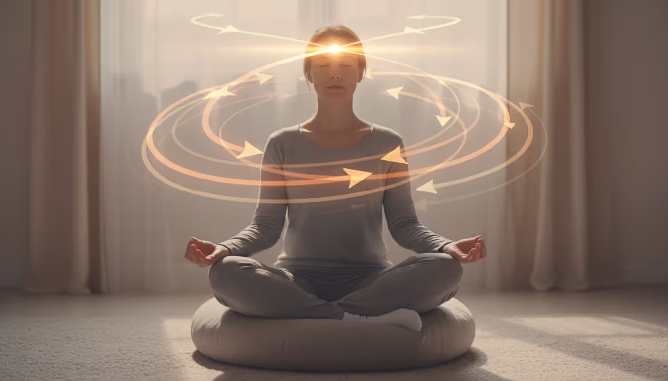 Person meditating on a cushion with semi-transparent arrows around the head illustrating attention wandering and returning to focus