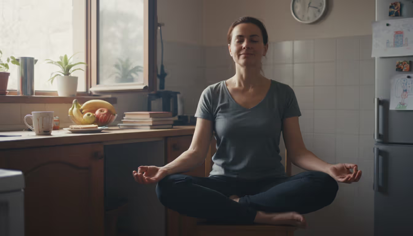 Person meditating calmly on a chair in an ordinary home kitchen setting with everyday objects around, realistic and approachable atmosphere