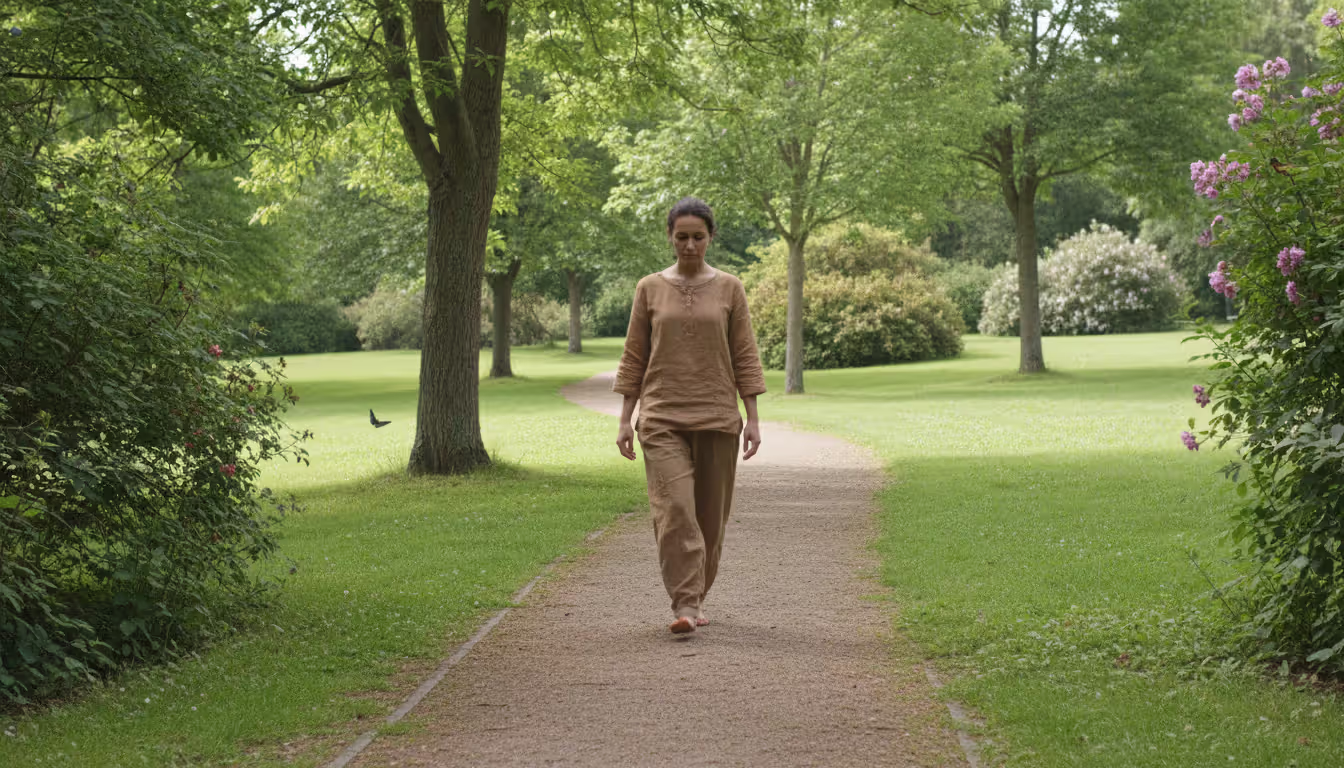 Person practicing walking meditation on a park path, slowly placing one foot forward, surrounded by green grass and trees in natural daylight