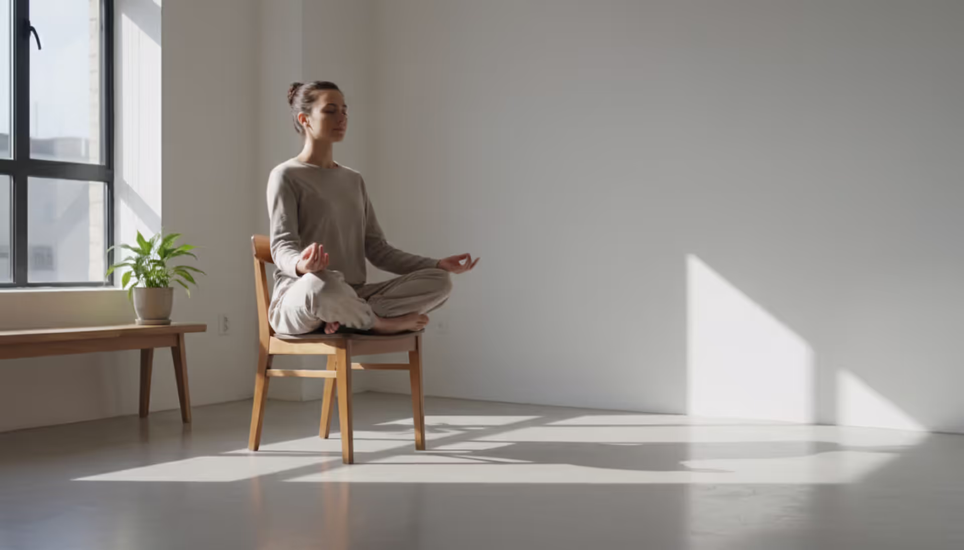 Person sitting on a simple wooden chair in a bright minimalist room with soft morning light, eyes closed, hands resting on knees, relaxed natural meditation posture