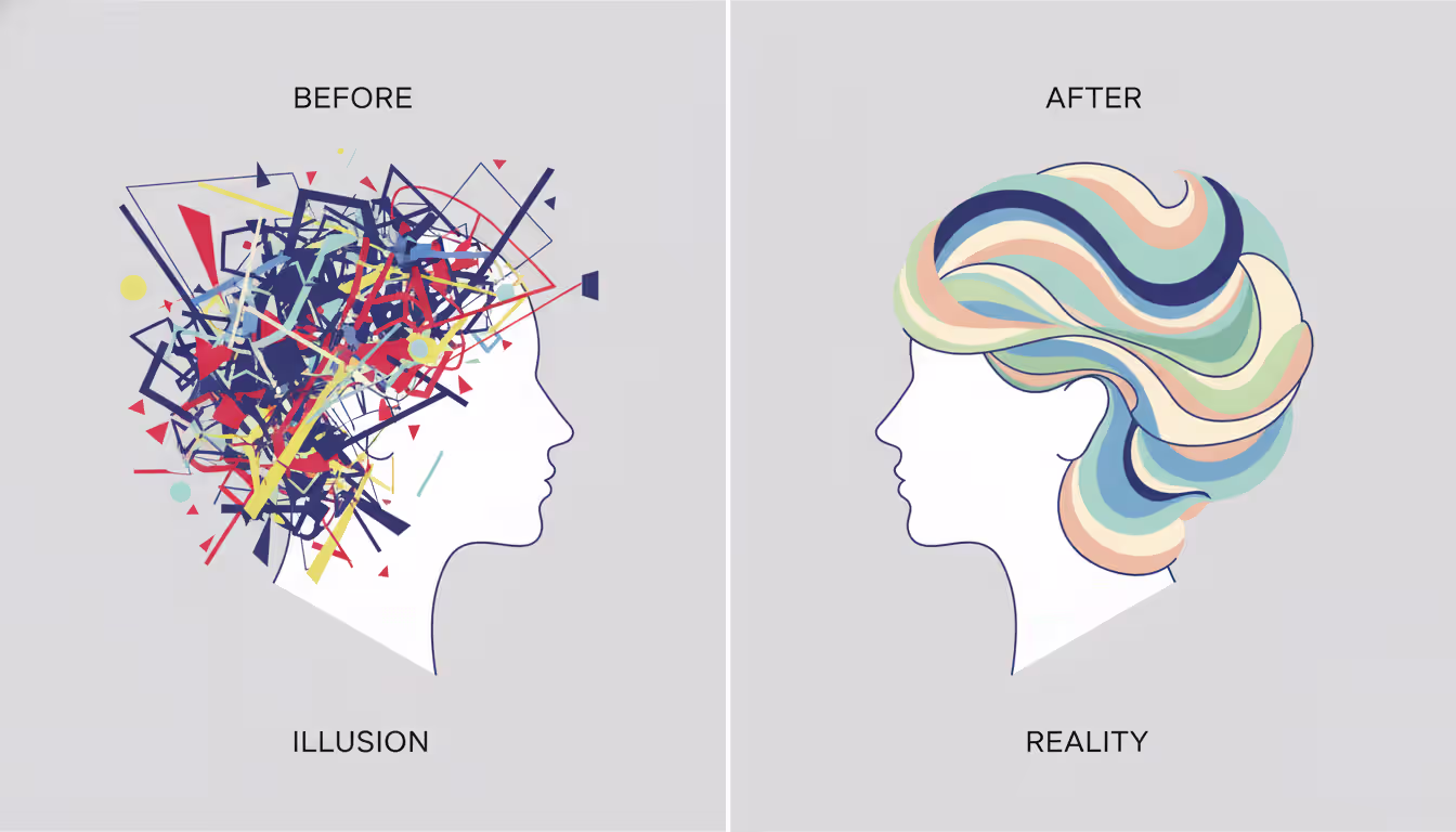 Split illustration showing a head surrounded by chaotic abstract lines on the left versus calm orderly waves on the right representing meditation myths versus reality