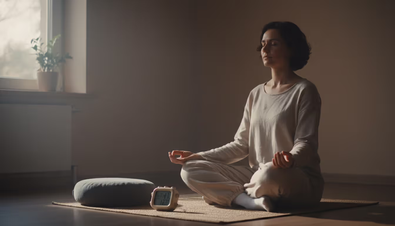Person meditating with eyes closed in a quiet room during early morning with soft dawn light and a small timer nearby