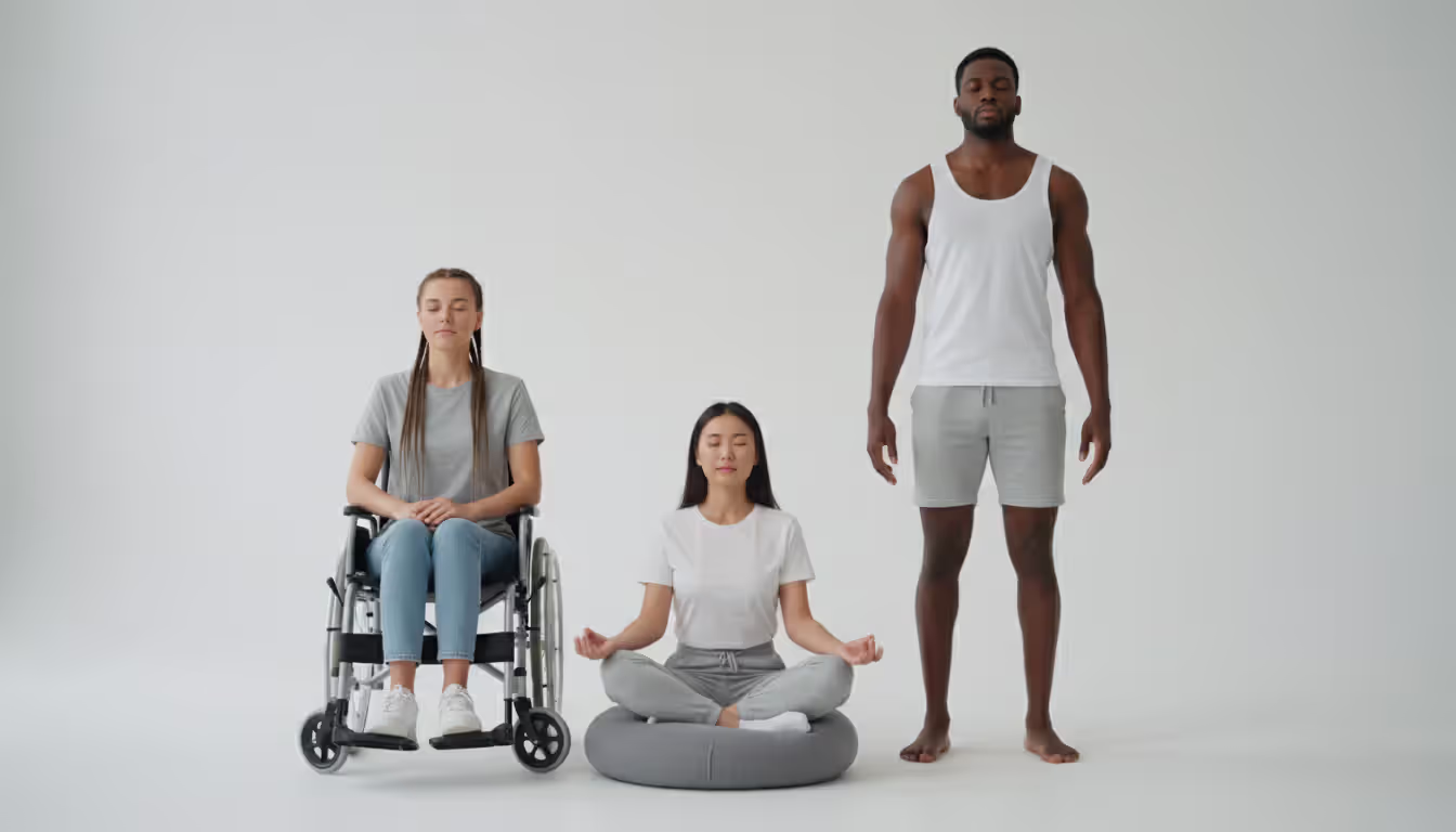 A diverse group of people meditating in different positions including a wheelchair, a chair, a floor cushion, and standing, eyes closed, calm expressions, light neutral background