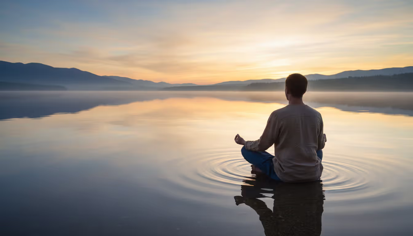 A person sitting calmly on the shore of a still lake at sunrise facing the water in a relaxed meditation pose, warm golden and blue tones, water reflecting the sky