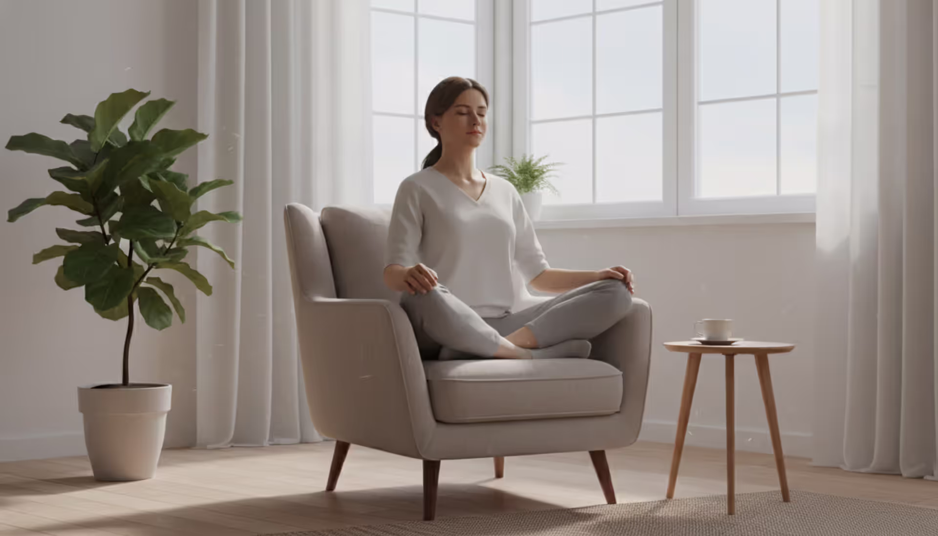 A person sitting comfortably in an armchair by a large window with soft morning light, eyes closed, hands resting on knees, peaceful minimal interior with a houseplant