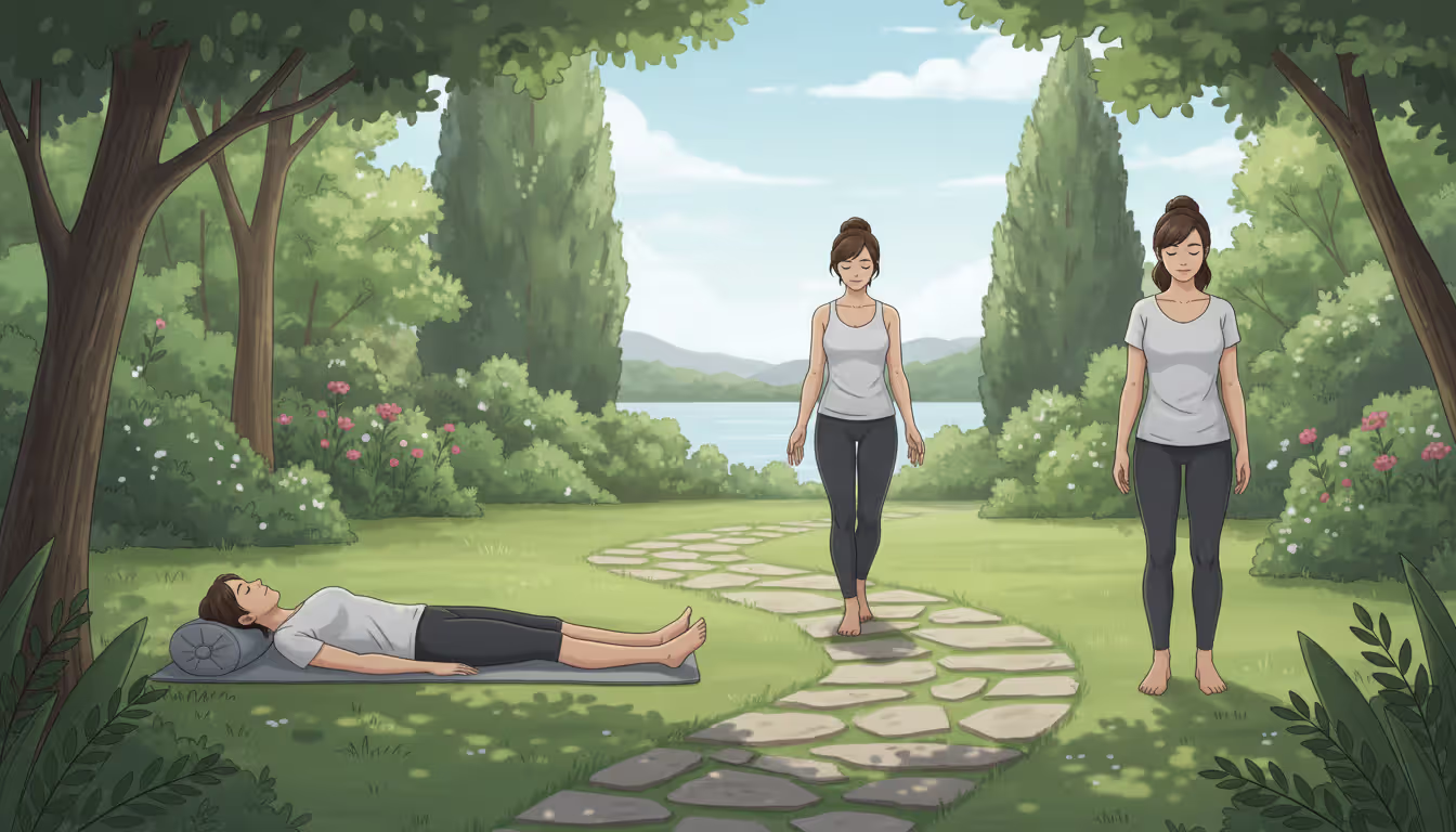 Three figures showing alternative meditation positions: lying down savasana, walking meditation on garden path, and standing meditation in nature