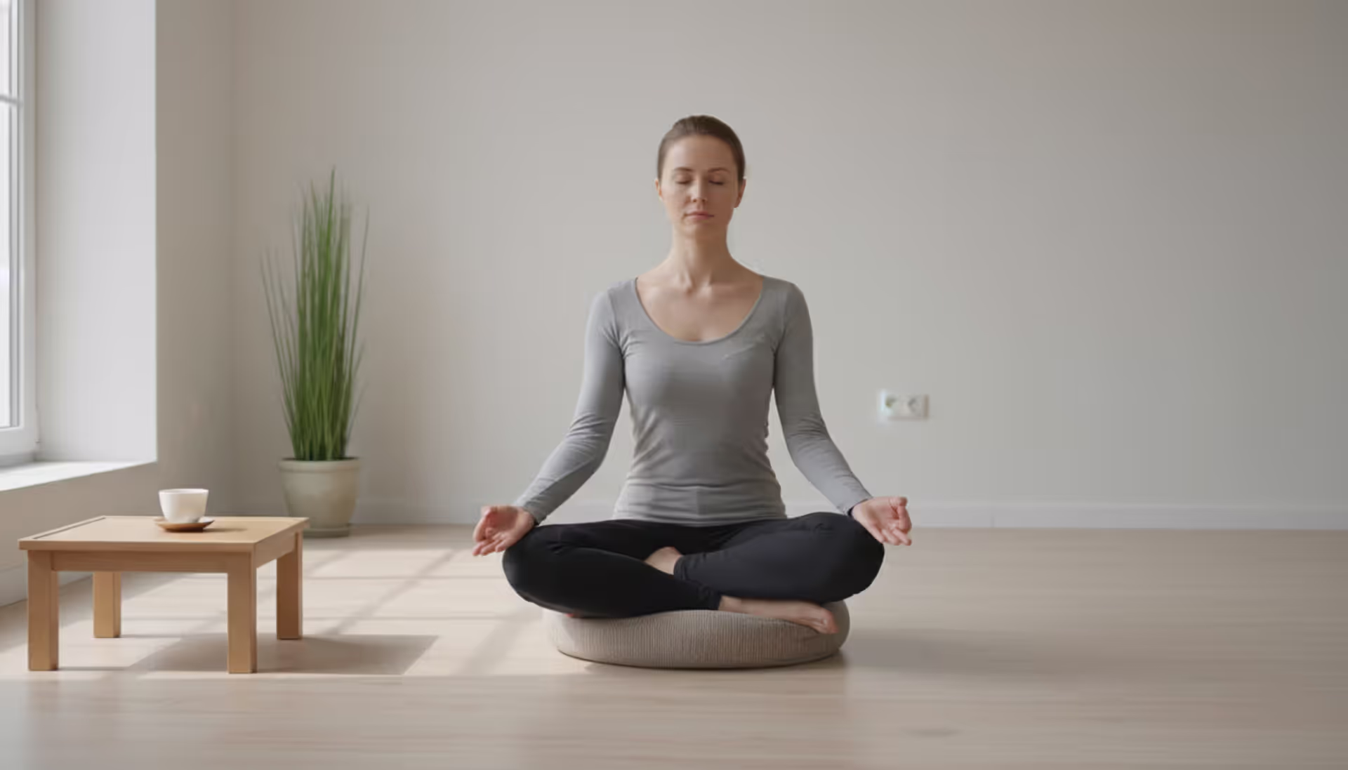 Person sitting in upright meditation posture on a round cushion in a bright minimalist room with natural light