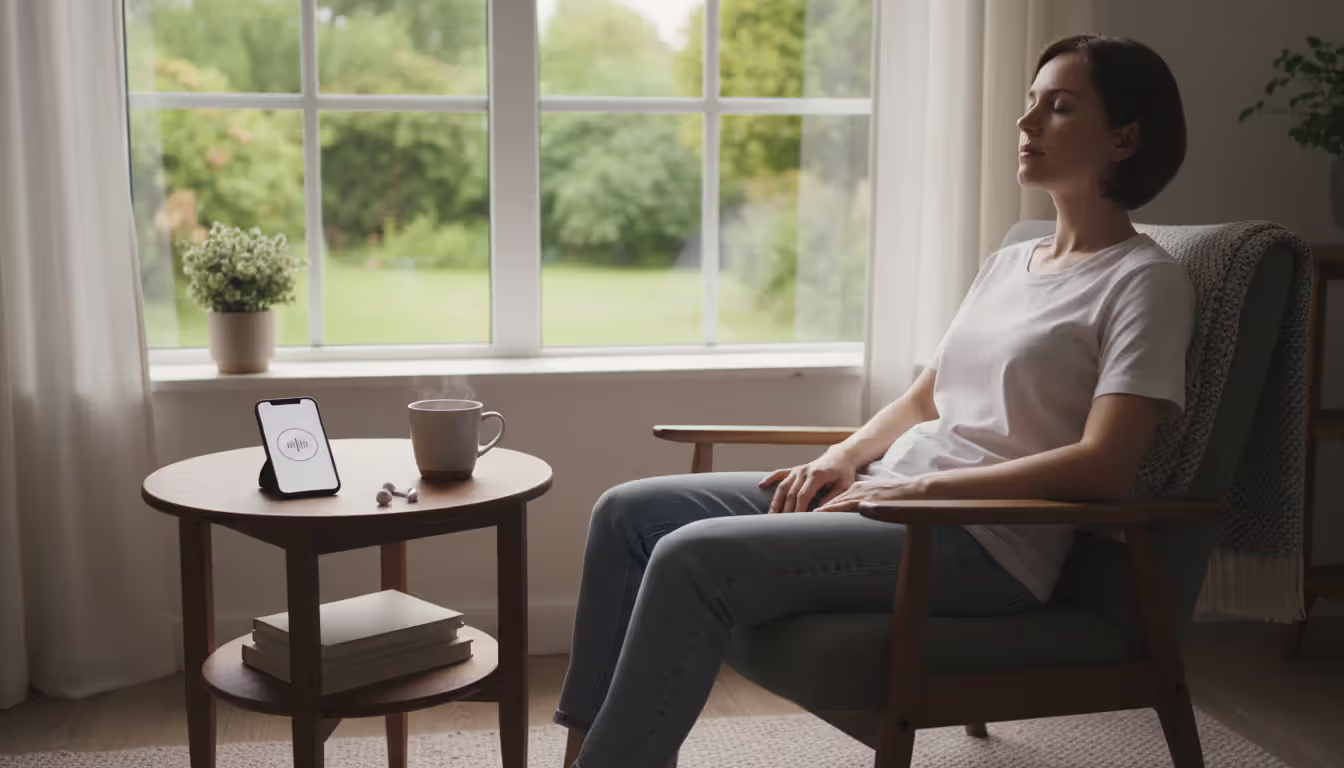 A person meditating on a chair at home near a window with a cup of tea and smartphone with headphones on a small table beside them