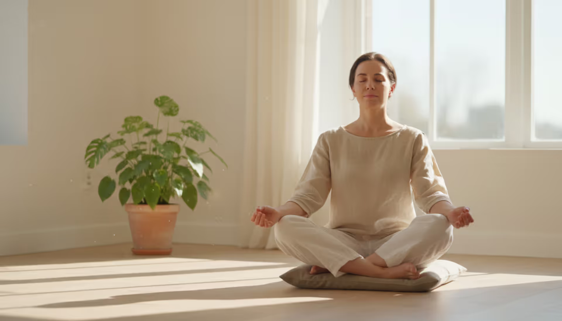A person sitting cross-legged on a cushion in a bright minimalist room with morning sunlight, eyes closed, meditating peacefully