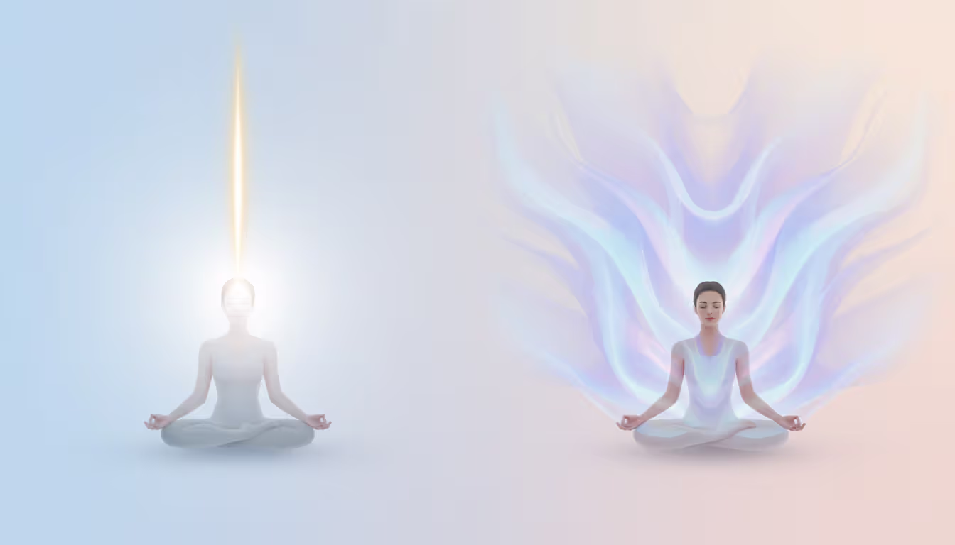 Two meditators side by side: one with a focused beam of attention directed at a single point, the other with soft expanding waves of awareness radiating in all directions, pastel neutral background