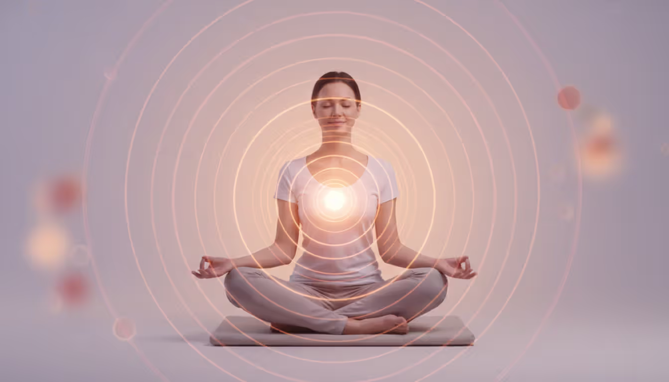 A person meditating with a gentle smile, warm glowing pink and golden circles radiating from their heart area symbolizing loving-kindness, calm gradient background