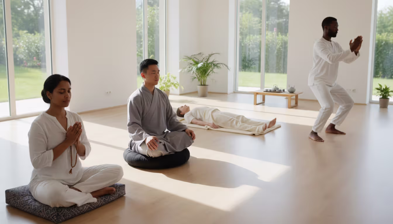 Several diverse people each practicing a different meditation style in one bright space: one with mala beads, one in zazen on a cushion, one lying in savasana, one standing in a qigong pose