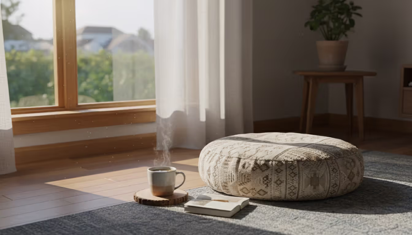 A cozy morning meditation corner at home with a cushion on the floor, an untouched cup of tea nearby, soft morning light coming through a window, calm daily routine atmosphere