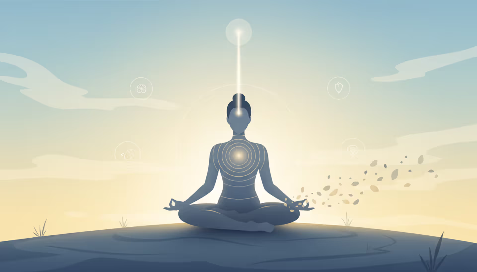 A person meditating outdoors at sunrise with soft golden-blue sky, subtle visual symbols of focus, openness, and transcendence around them, minimalist atmospheric style