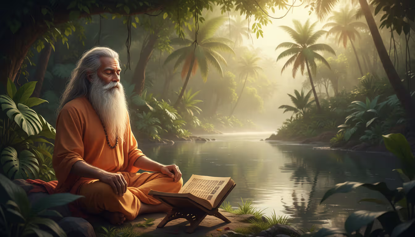 Ancient Indian sage with long beard meditating by a river surrounded by tropical greenery with palm leaf manuscripts nearby, representing the Vedic and Upanishadic meditation tradition