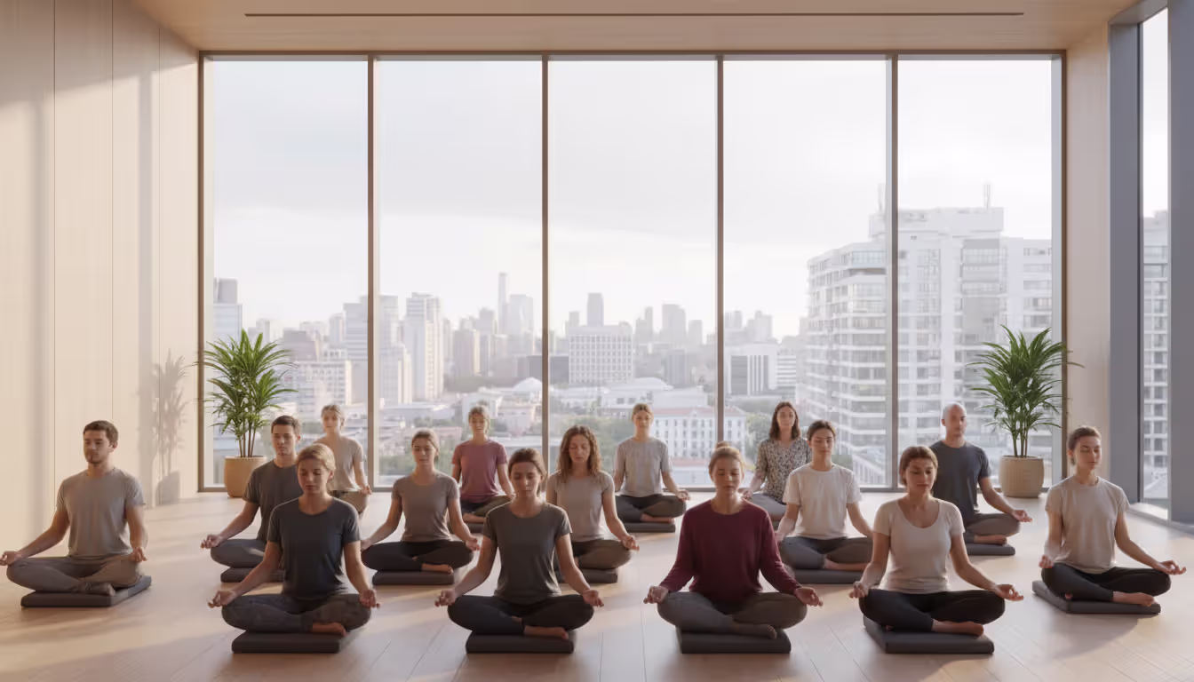 Diverse group of people meditating on cushions in a bright modern meditation hall with large windows showing a contemporary cityscape outside
