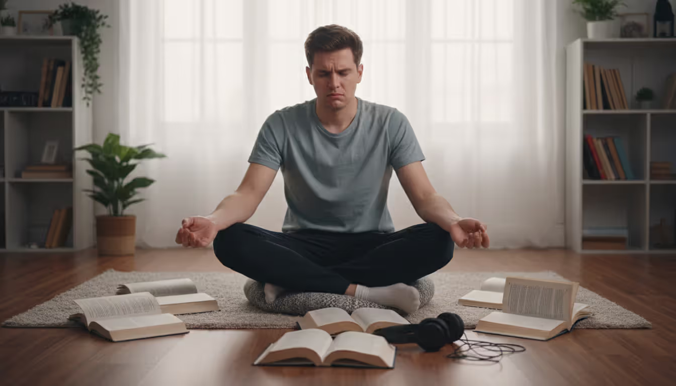 Young person sitting on meditation cushion looking confused surrounded by open books and headphones symbolizing technique overload