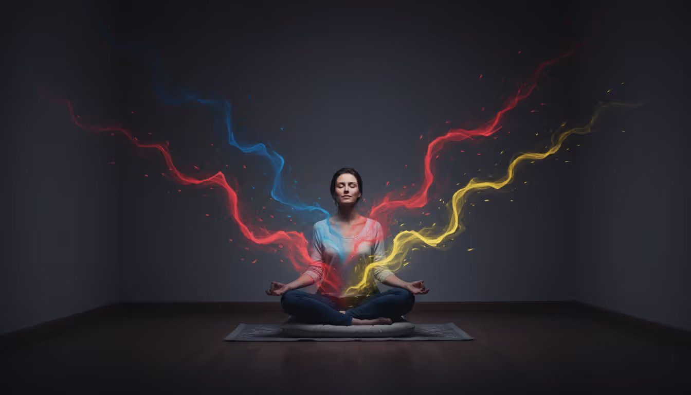 Woman meditating in a dim room with colorful emotional waves of blue red and yellow radiating from her body