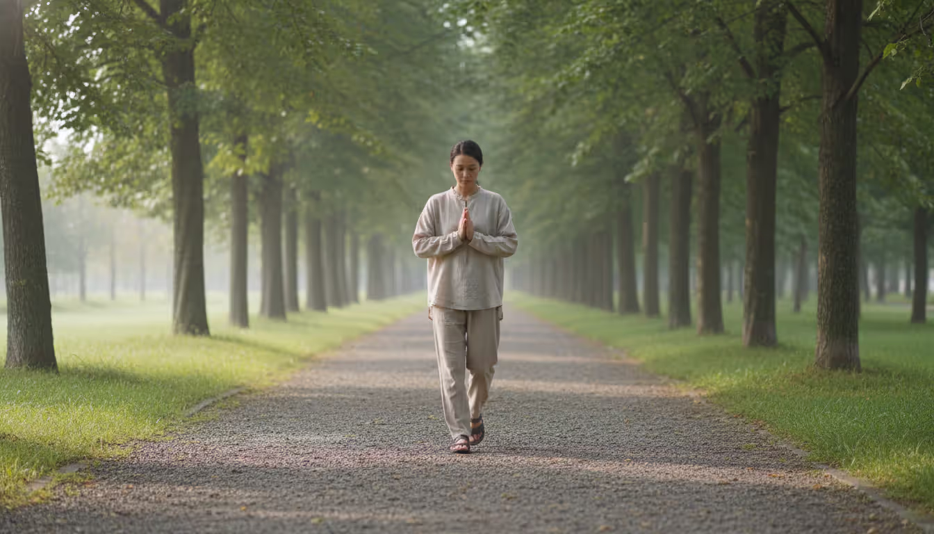 Person practicing walking meditation on a park path in morning light with green trees around and a calm focused expression