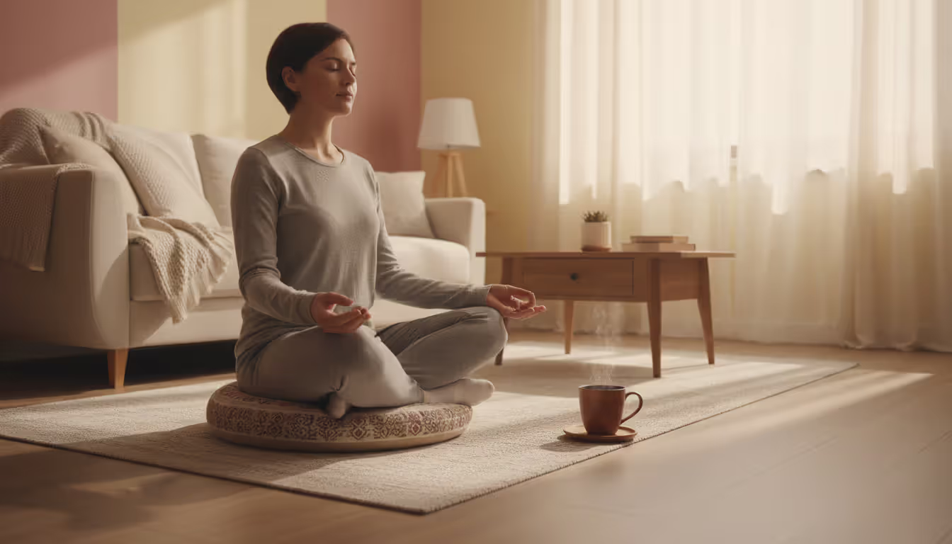 Person sitting on meditation cushion in cozy living room early morning with cup of tea and soft window light depicting daily beginner practice
