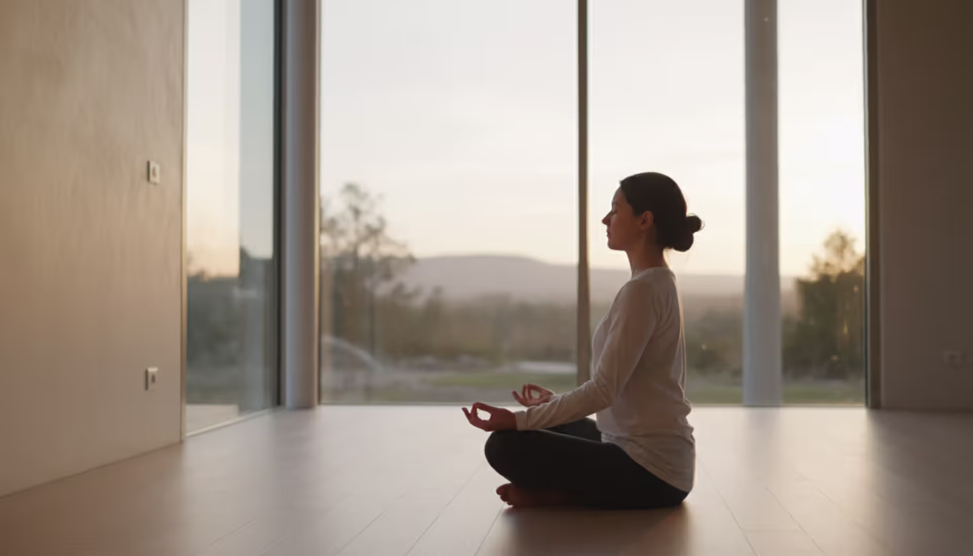 Person sitting in meditation pose in a minimalist bright room with large windows and soft natural morning light