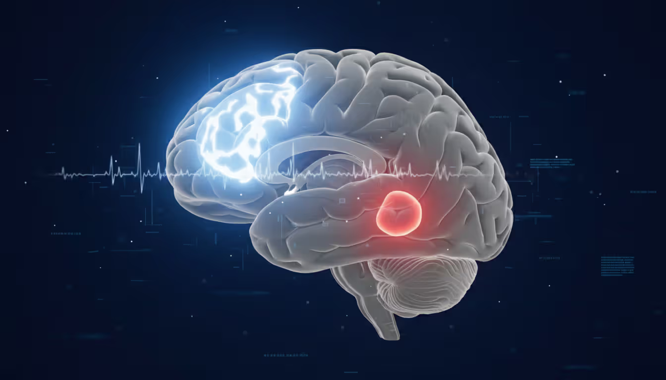 Human brain cross-section highlighting the prefrontal cortex with bright glow and dimmed amygdala, dark blue medical visualization style