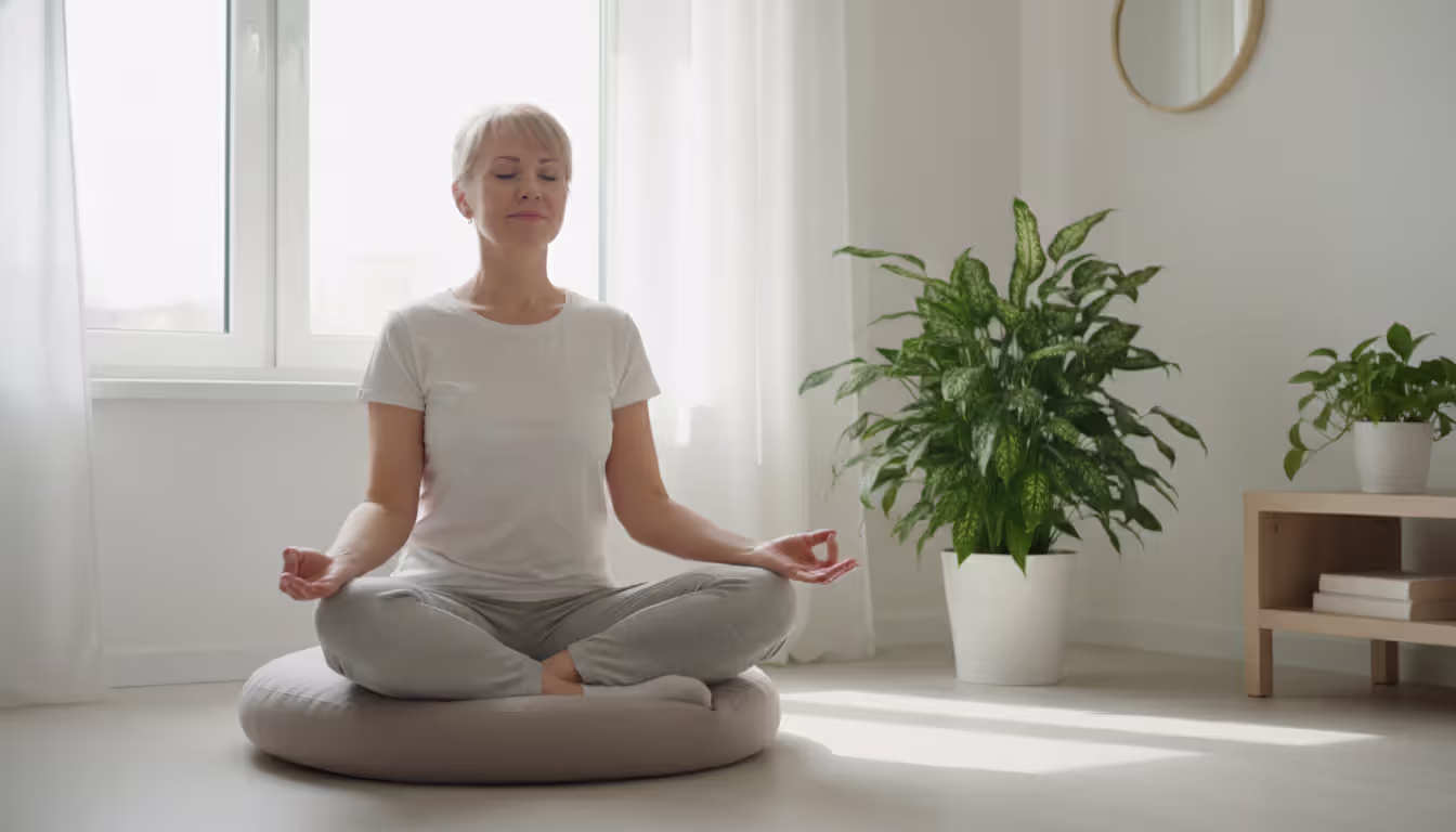 Person sitting peacefully in meditation pose on a cushion by a large window with natural light in a minimalist room with a green plant