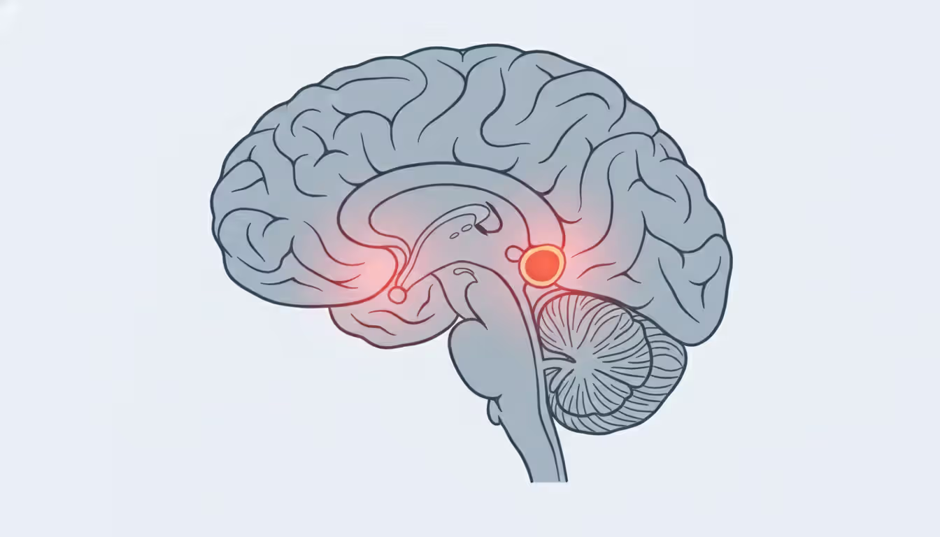 Scientific illustration of a human brain cross-section with the amygdala region highlighted in warm orange color against cool gray-blue brain structures