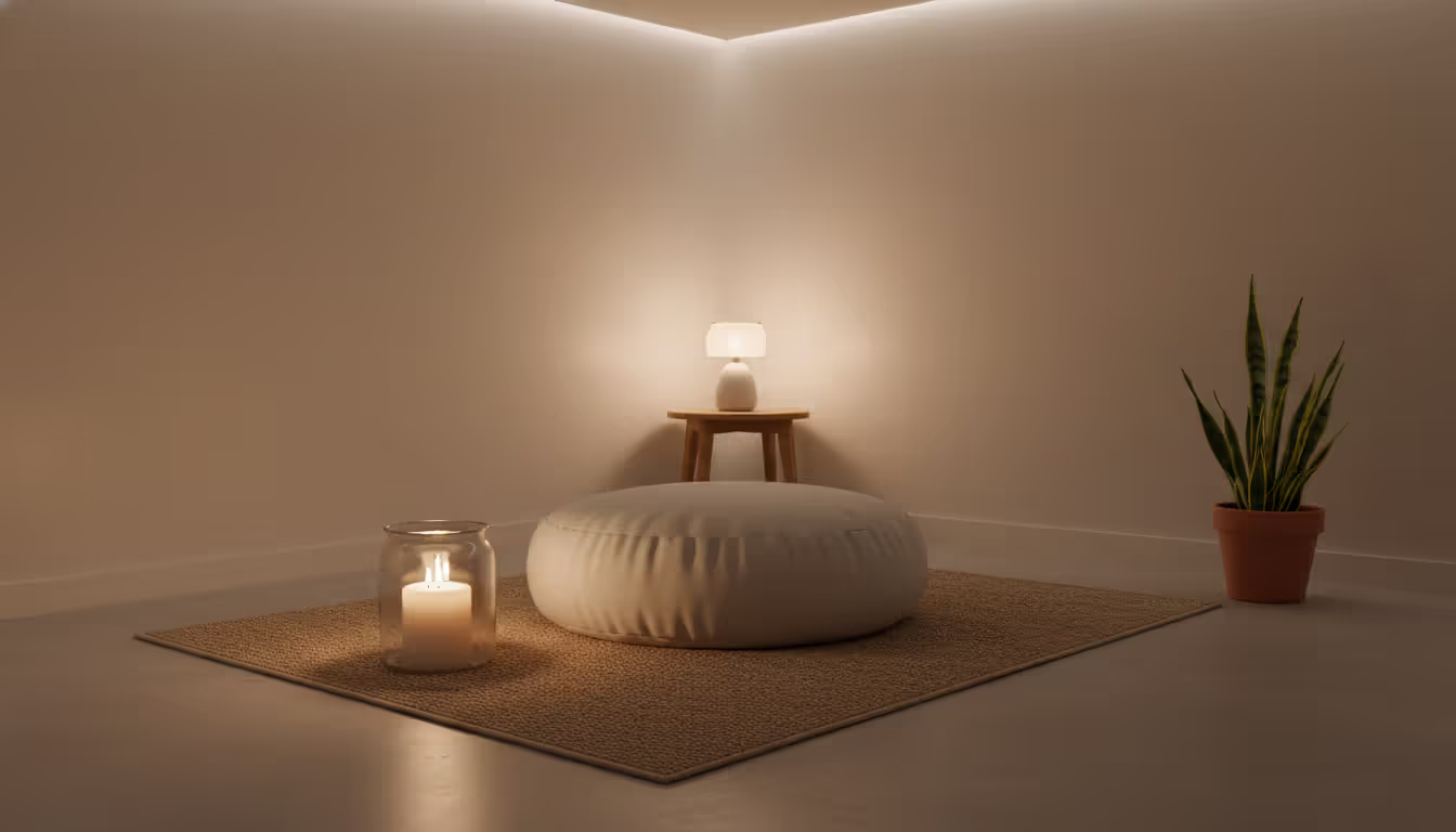 A cozy meditation corner with a soft floor cushion, a small lit candle, warm dim lighting, minimalist room with a neutral-colored wall and a small potted plant nearby