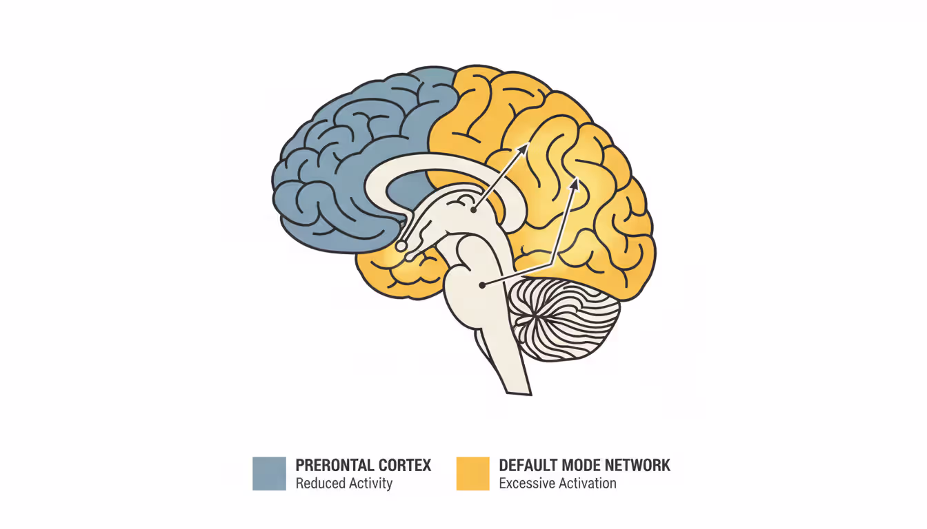 Human brain diagram highlighting reduced prefrontal cortex activity and overactive default mode network in ADHD