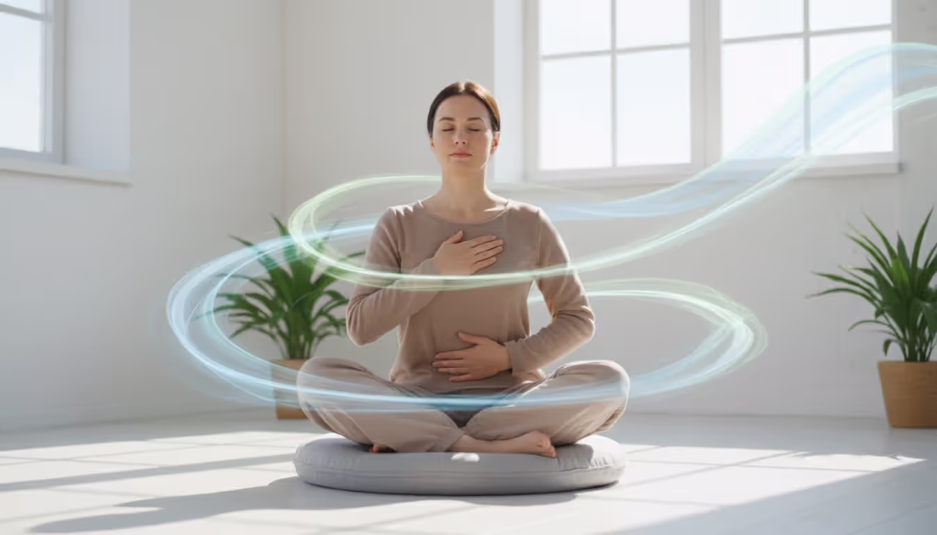 Person sitting on meditation cushion practicing breathing exercises with hands on chest and abdomen, soft wavy lines representing breath flow