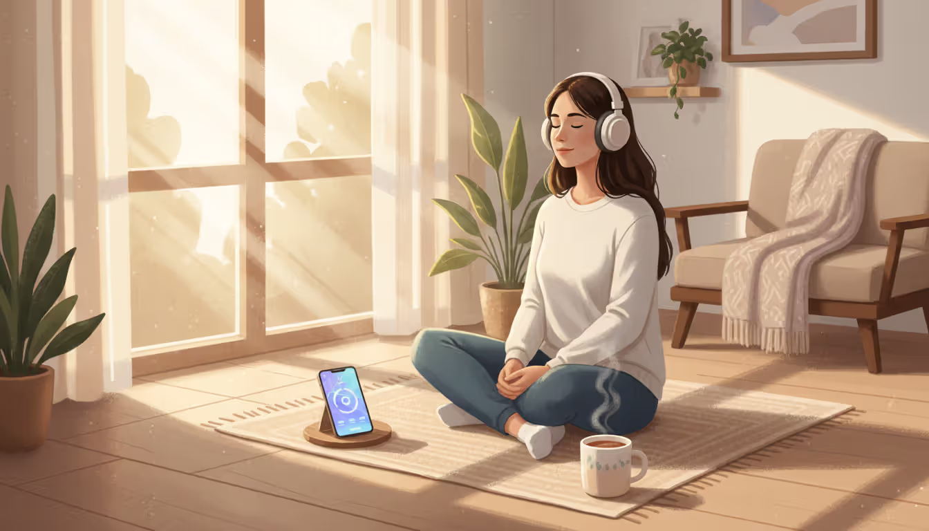 Person wearing headphones sitting by a window meditating with a smartphone showing a meditation app nearby, cozy morning light setting