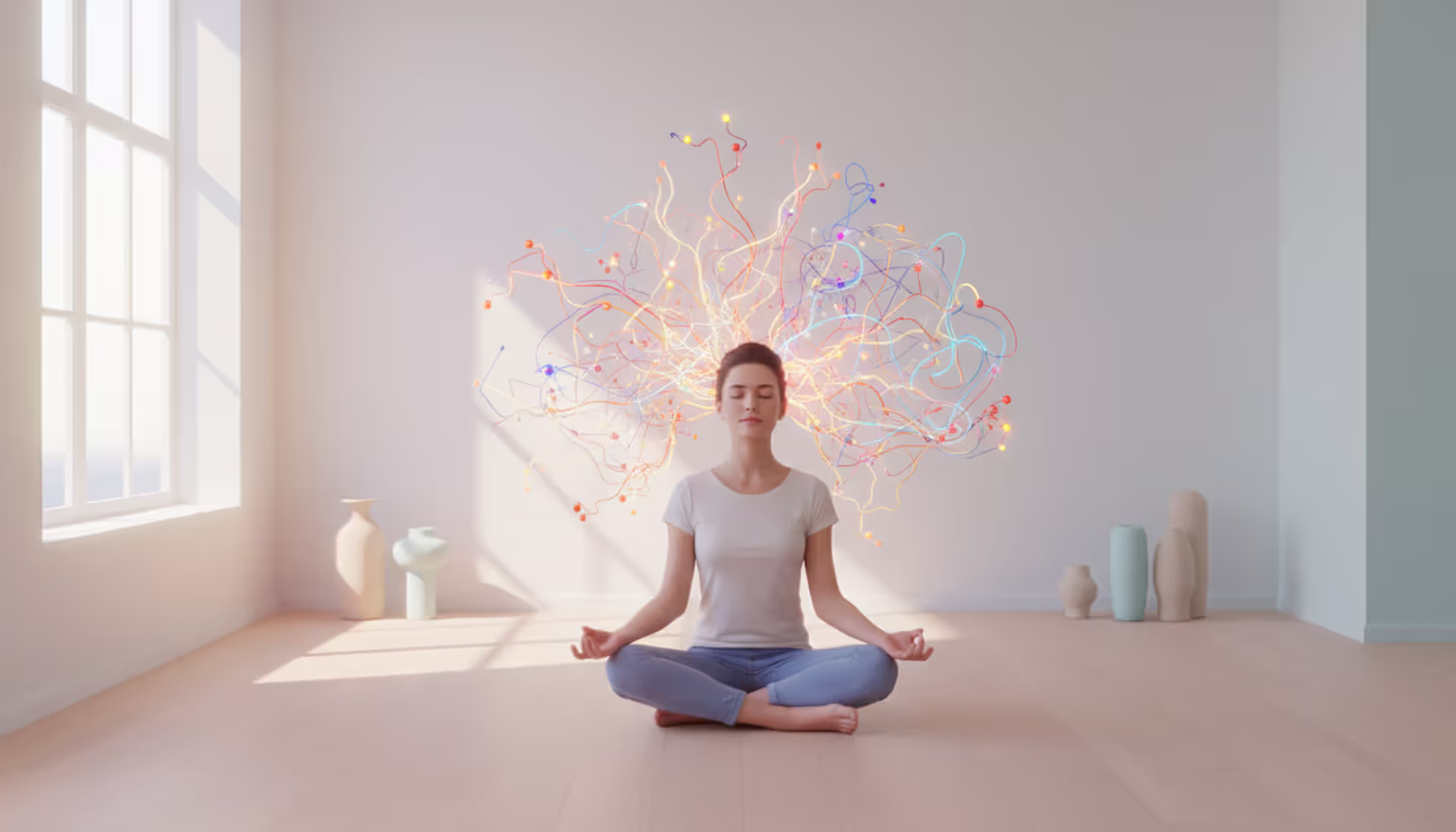 Person meditating in a calm room with stylized neural connections and brain activity visualization around their head, representing ADHD and meditation concept