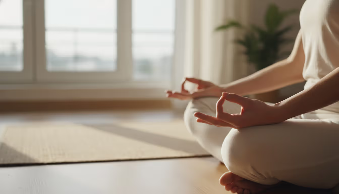 Close-up of hands resting on knees in meditation mudra with soft morning light from a window