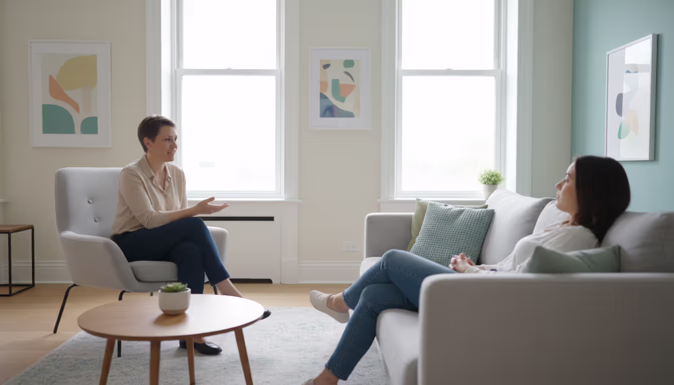 Two people in a therapy session sitting across from each other in a bright modern office with natural lighting