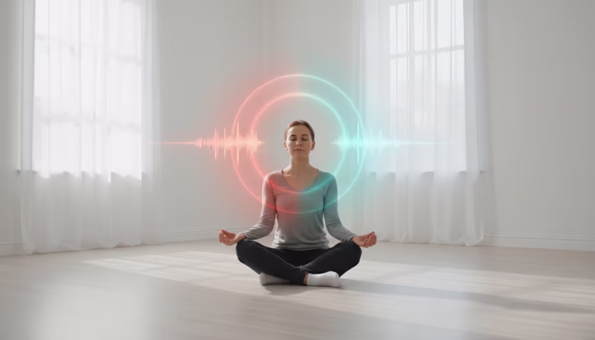 Person meditating in a minimalist room with warm-to-cool color gradient around the head symbolizing transition from anger to calm