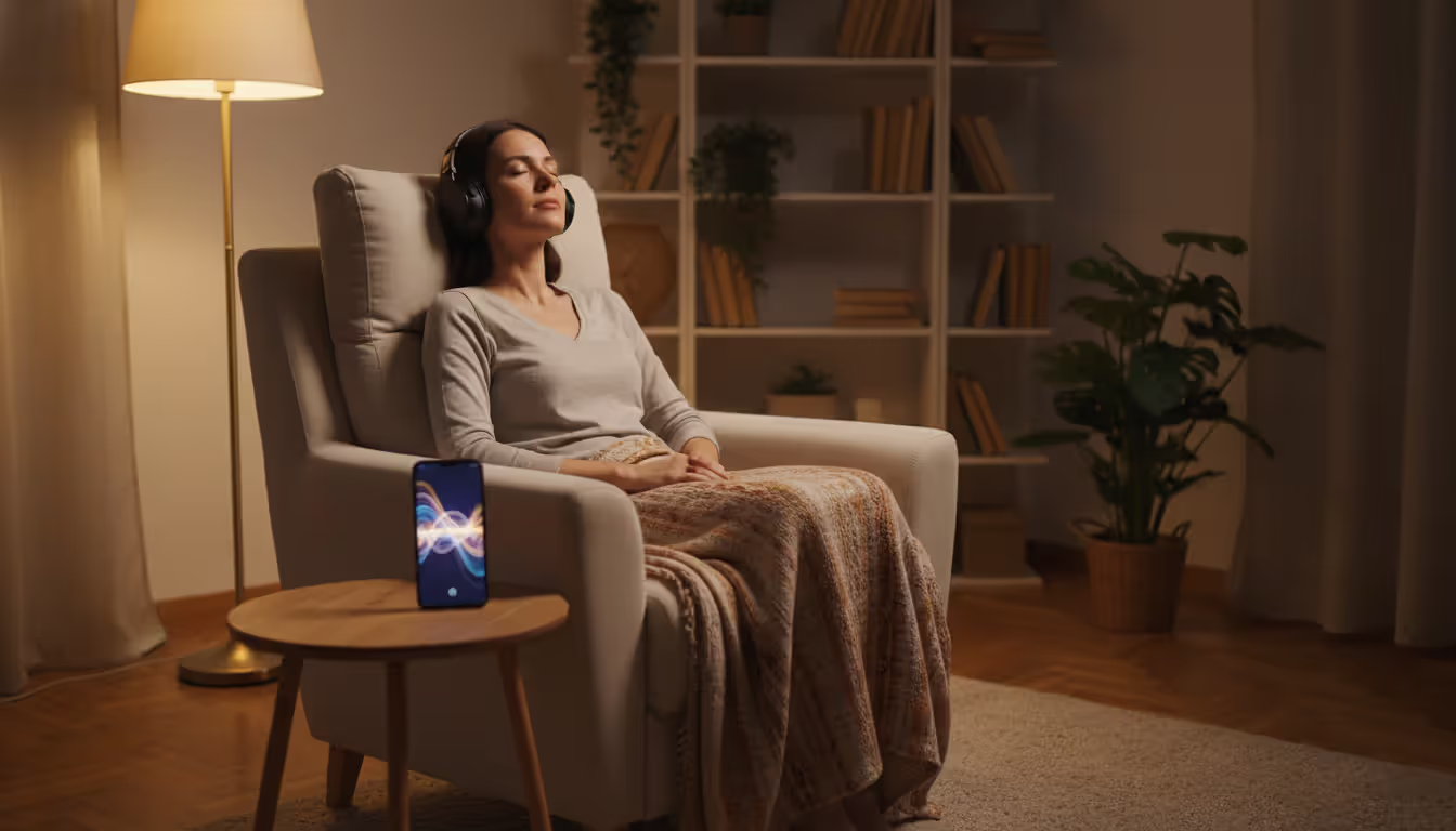 A person wearing headphones sitting in a cozy armchair at home with eyes closed, smartphone nearby showing abstract sound waves, warm ambient lighting
