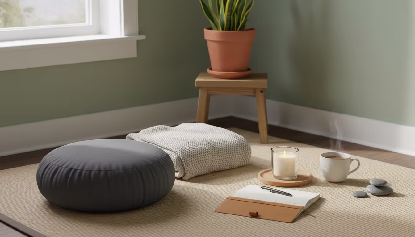 A cozy meditation corner with a floor cushion, folded blanket, small candle, and a notebook with checkmarks, soft natural light from a window
