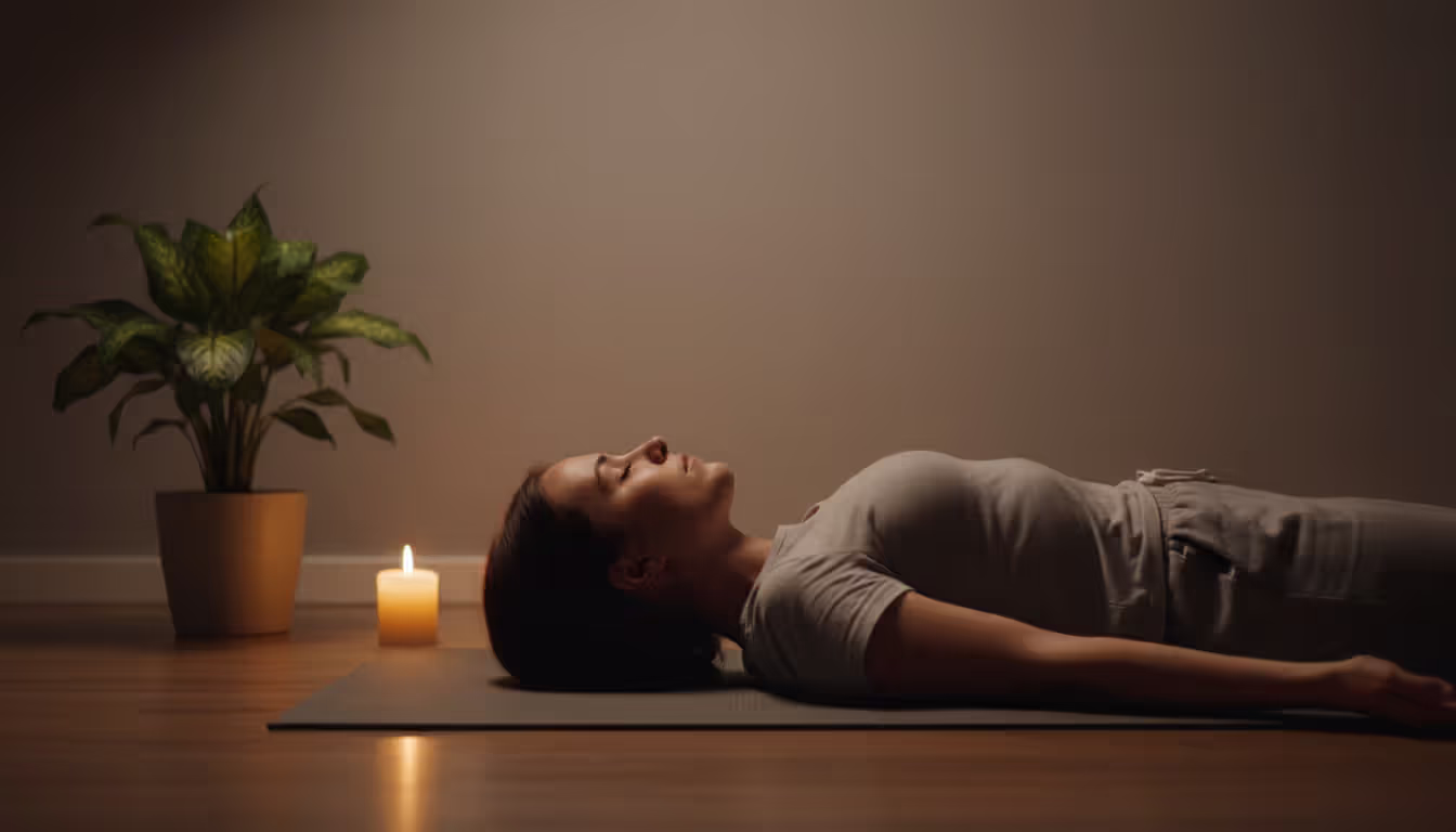 Person lying in savasana pose on yoga mat in a dimly lit peaceful room with a candle nearby