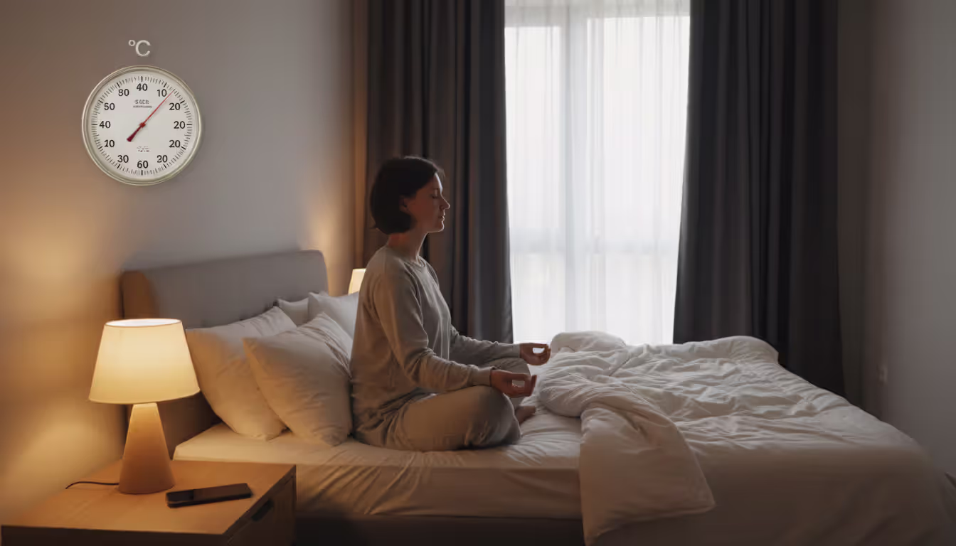 Cozy bedroom prepared for sleep with dimmed warm lamp no screens person sitting on bed edge ready to meditate