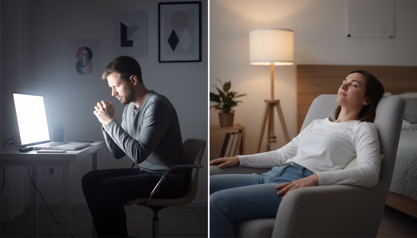 Split image comparing wrong and right meditation setup for sleep bright screen and tension versus dim light and relaxed posture