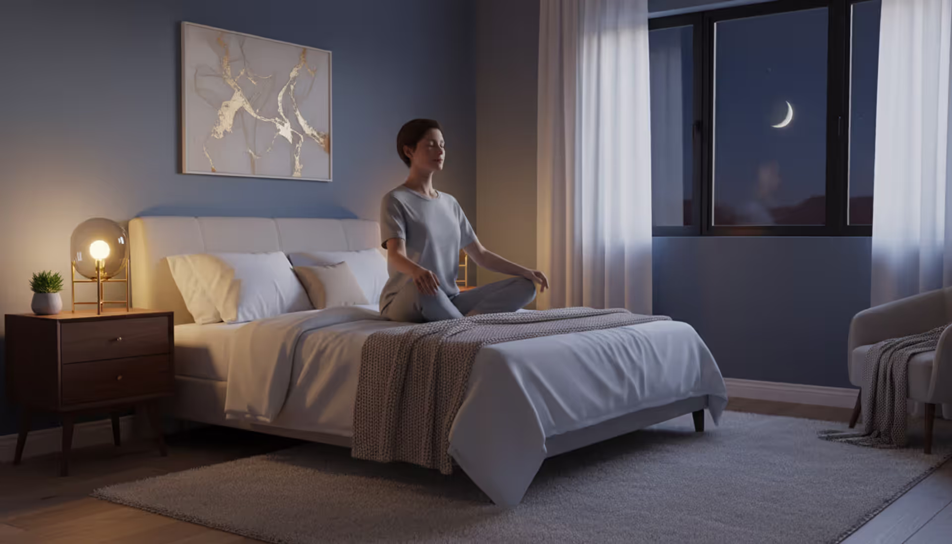 Person meditating in a calm dimly lit bedroom at night with soft warm light and moonlight through the window