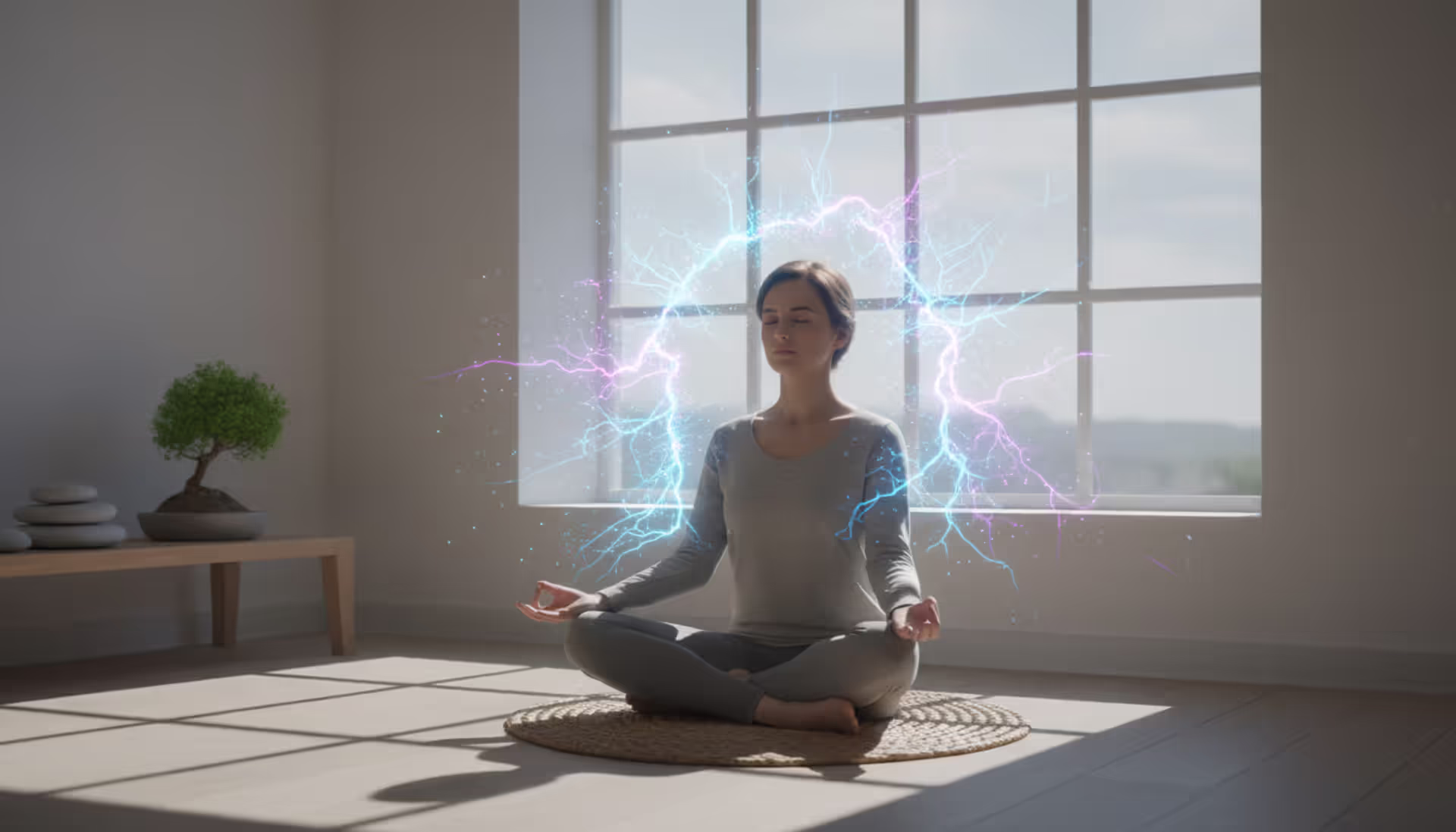 Person meditating in a calm minimalist room with glowing neural connections and brain activity visualization around the head in blue and purple tones