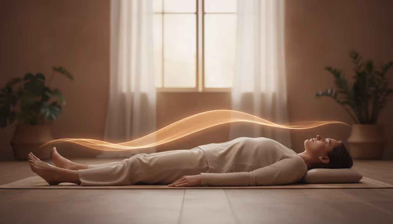 Person lying on yoga mat with eyes closed performing body scan meditation with a soft light wave moving from feet to head