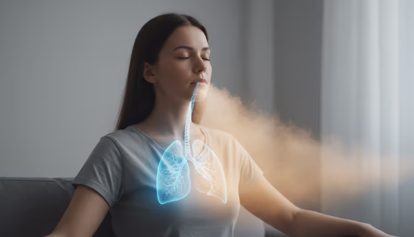 Close-up of person sitting in relaxed posture practicing breath-focused meditation with visualized blue airflow entering nose and warm golden exhale
