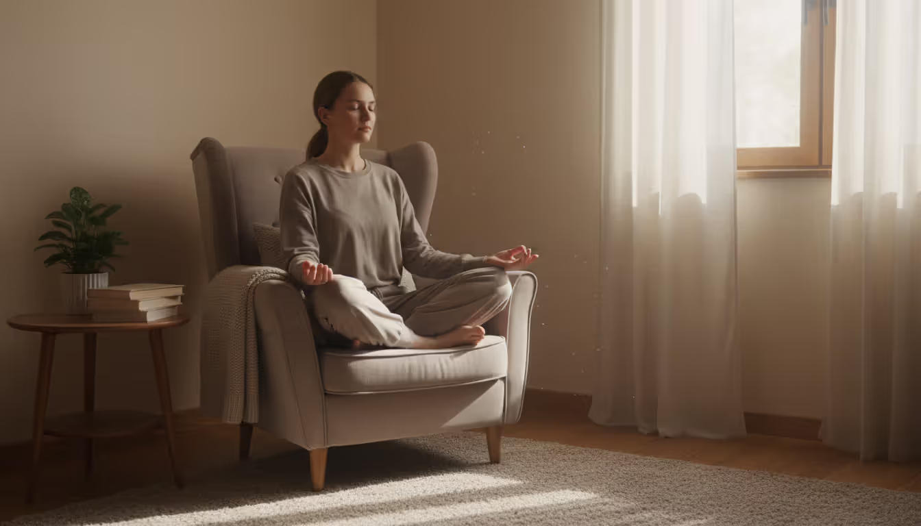 Cozy home corner with comfortable chair and soft morning light from window showing person in relaxed posture ready for simple meditation practice